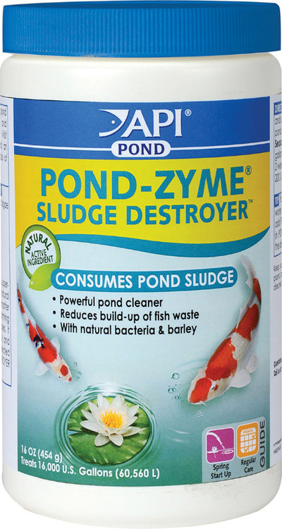 Front view of a white and blue API Pond-Zyme Sludge Destroyer container with a blue cap.
