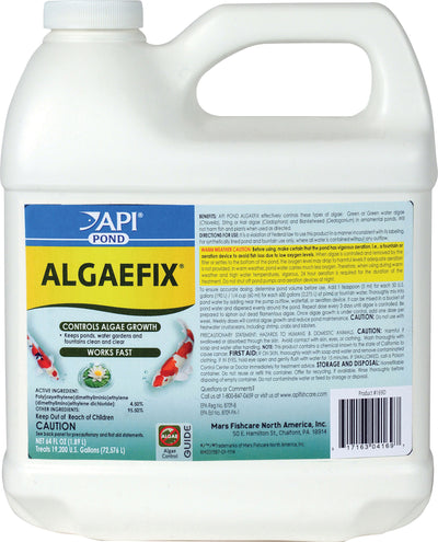 A white plastic bottle with a blue and yellow label for Api Pond Algaefix, 64 oz, showing front view of packaged product