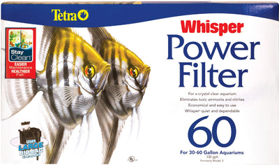 Packaged product: Tetra Whisper Power Filter 60, front view showing two fish on the box.