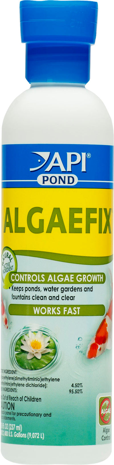 Front view of a white bottle with blue cap labeled API POND ALGAEFIX, 8 OZ.