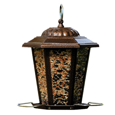 Copper Carriage Lantern Wild Bird Feeder with mixed seed, front view, close-up
