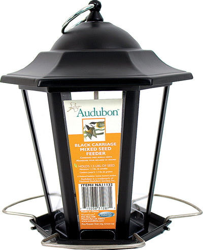 Black Audubon carriage lantern bird feeder with mixed seed, front view, packaged product