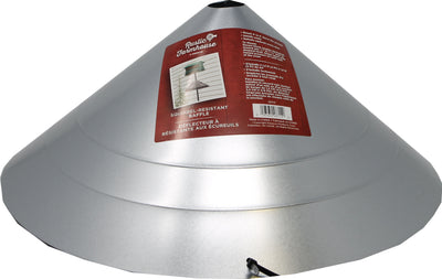 Close-up of a silver Rustic Farmhouse squirrel-resistant baffle with a red label showing product details.