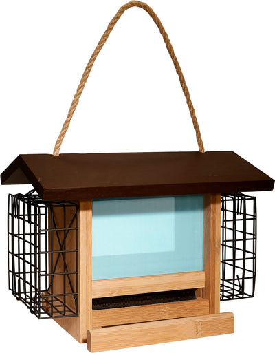 Front view of Ultimate Renewable Bamboo Ranch Feeder with tan/brown color and rope handle