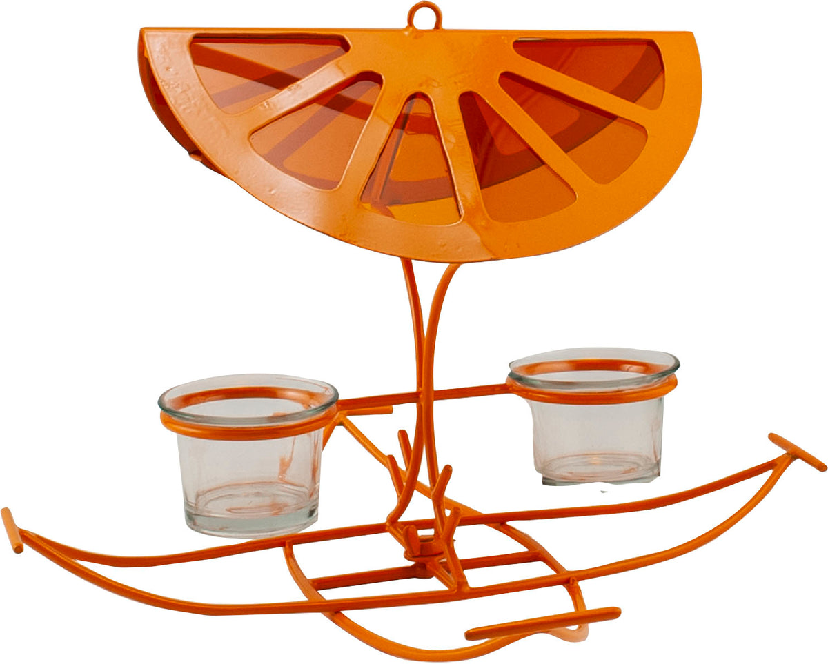 Oriole Metal Slice Jelly & Fruit Feeder in orange, front view with two glass cups