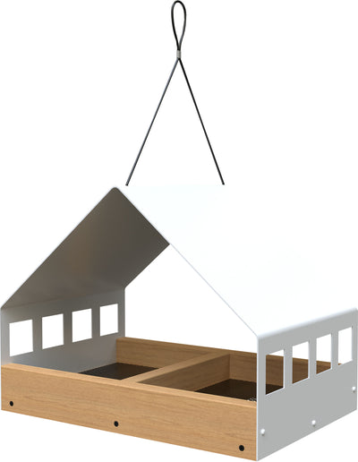 Nordic Habitat Fly Through Platform Feeder, white with wooden base and hanging hook, front view