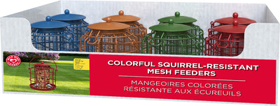 Packaged product: Assorted colorful squirrel-resistant mesh bird feeders in blue, orange, green, and red.