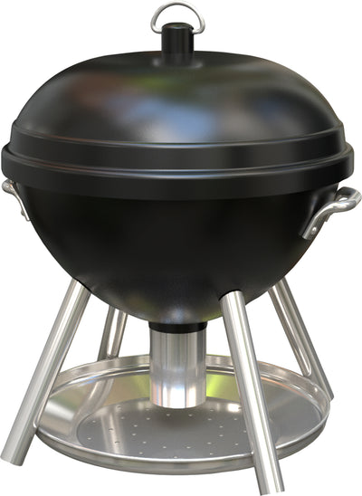 Black kettle grill smoker bird feeder with stainless steel stand and lid, front view