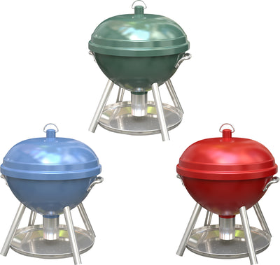 Three kettle grills with lids in green, blue, and red on metal stands with trays.