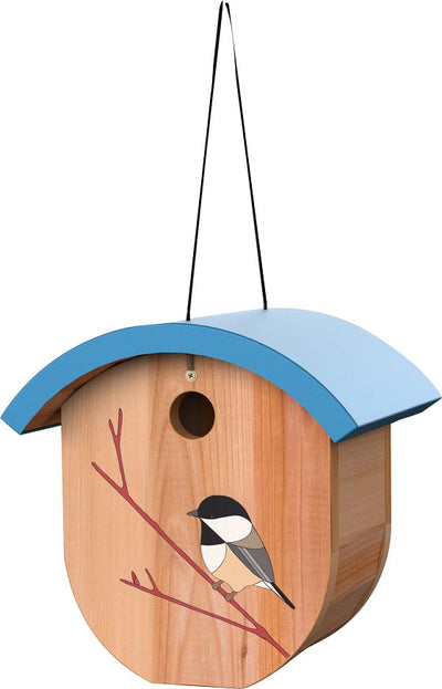 Le Limited Edition Eggpicnic Wren/Chickadee House, front view, blue roof, wooden body with painted chickadee on branch