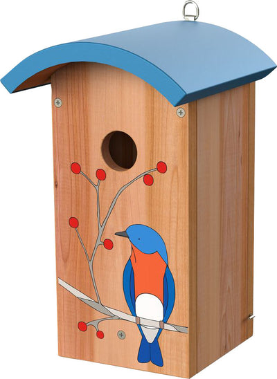 Front view of Limited Edition Eggpicnic Bluebird House with blue roof, wooden body, and bluebird illustration.