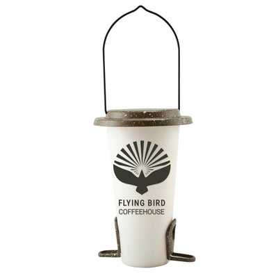 White and brown coffee cup-shaped bird feeder with 'Flying Bird Coffeehouse' logo, front view, packaged product