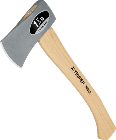 Close-up of a Truper Camp Axe with a wooden handle and metal head labeled 1 1/4 lb.