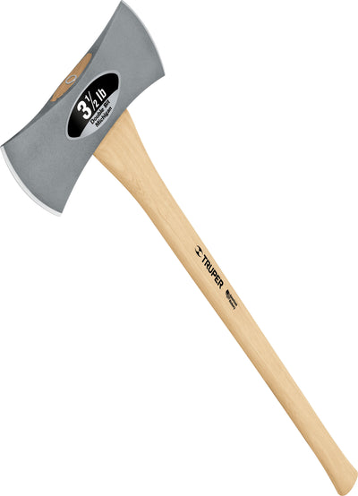 Truper Double Bit Michigan Axe, 3.5 lb, front view, close-up of axe head and wooden handle.