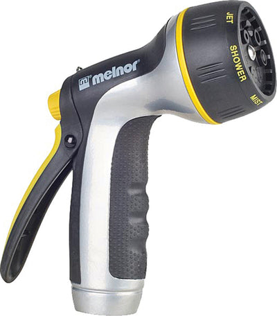 Melnor brand garden hose nozzle with black, yellow, and silver colors, showing a side view of the nozzle head with "JET", "SHOWER", and "MIST" settings.