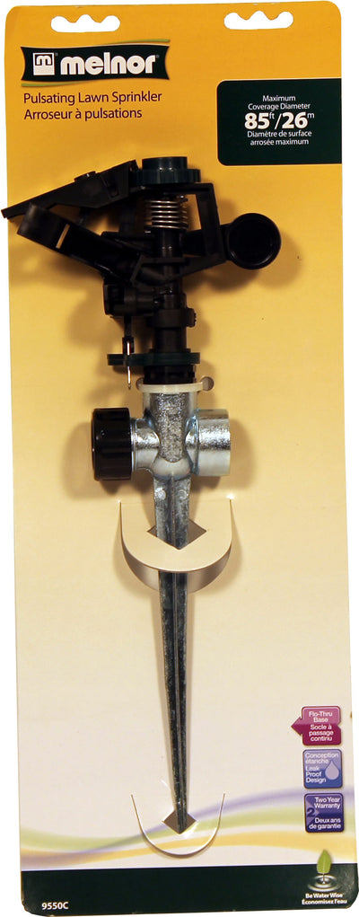 Packaged Melnor pulsating lawn sprinkler with black and silver components, front view.