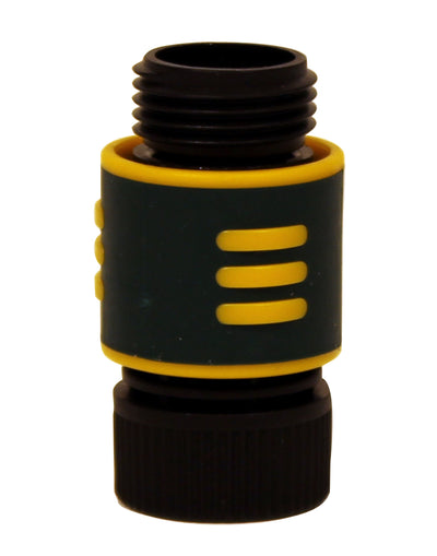 Close-up of a black and yellow plastic hose connector with threaded ends and side buttons.