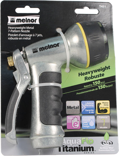 Packaged Melnor Aquaflo Titanium Heavyweight 7-Pattern Nozzle in silver and black with yellow accents.