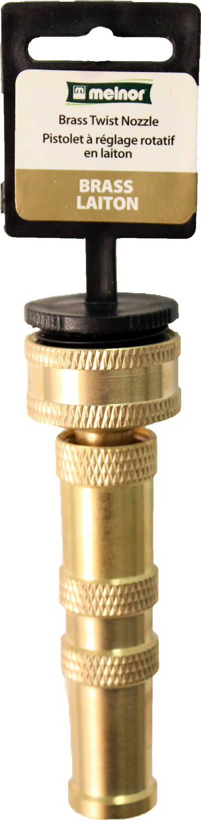 Packaged Melnor Brass Twist Nozzle with black top cap and gold brass body, front view.