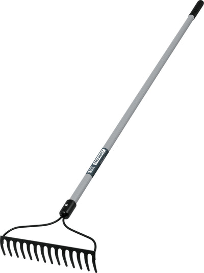 Trubuilt bow rake with 14 tines and a gray fiberglass handle, front view.