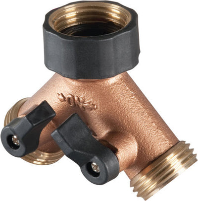 Close-up of a brass 2-way hose valve with black handles and threaded ports, showing '500' marking.