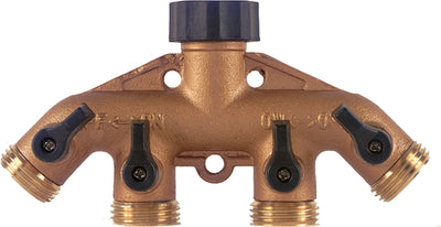 Close-up of a brass 4-way hose valve with black shut-off handles and threaded ends.