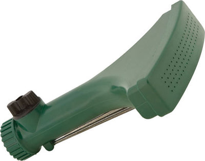Close-up of a green plastic fan spray nozzle with a black knob and perforated head.