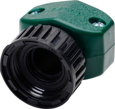 Close-up of a green and black plastic female hose repair fitting with visible mounting holes and threaded end.