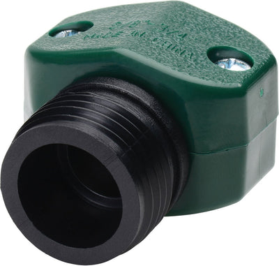 Close-up of a green plastic male hose repair fitting with black threaded end and visible 'MADE IN CHINA' text.