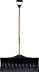 Union Tools black poly snow pusher with wooden handle and green branding, front view.