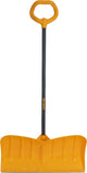 Yellow True Temper snow pusher with gray handle, front view, close-up